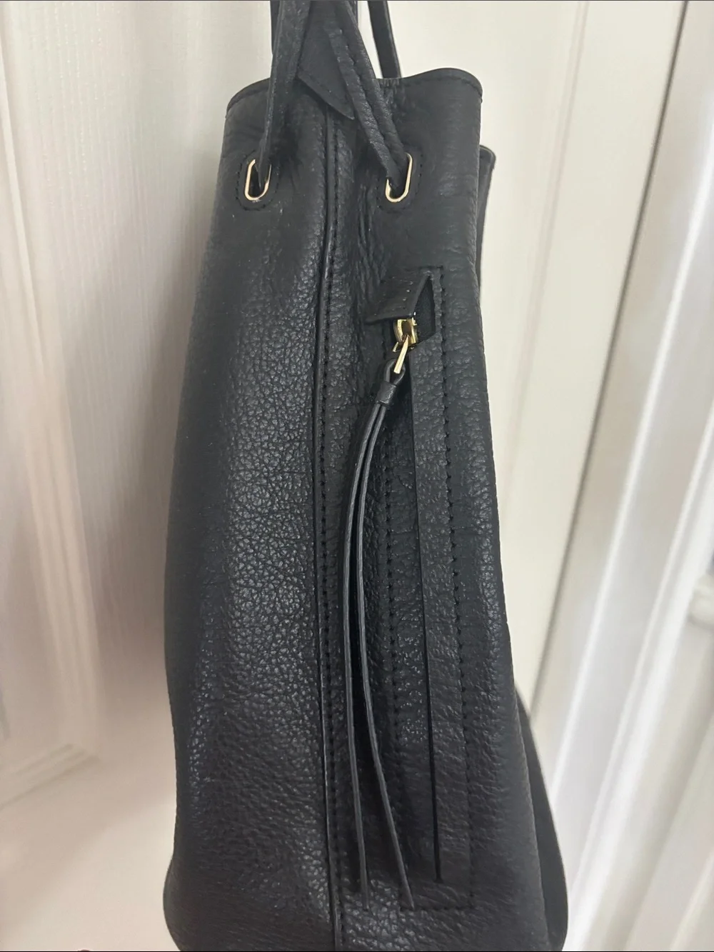 Tory Burch Black Leather Drawstring Shoulder Bag with Gold Logo